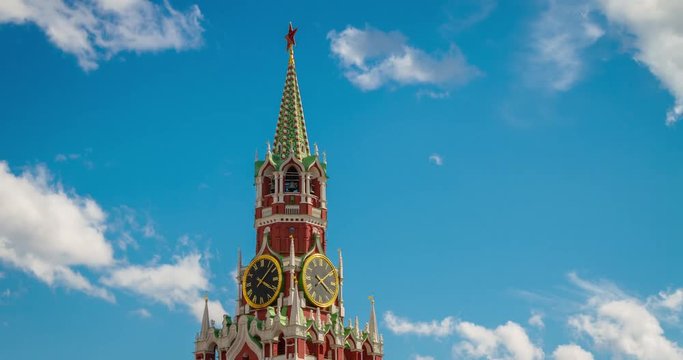 Kremlin, Moscow, Russia. The clock on the Spasskaya Tower against the sky and clouds. Time laps RAW 4K