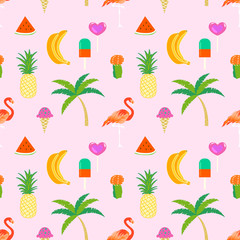 Fototapeta na wymiar Summer time seamless pattern with tropical elements. Colorful summer tropic icon background for girls