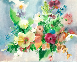 Watercolor colorful summer bouquet of wild flowers - 277574518
