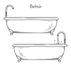 Sketch bath with faucet. Vector illustration in sketch style