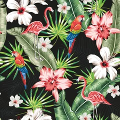 Behang Tropische print Roze flamingo, arapapegaai, bananenpalmbladeren, hibiscus, orchideebloemen, zwarte achtergrond. Vector naadloze bloemmotief. Tropische kleurrijke illustratie. Exotische vogels, planten. Zomer strand ontwerp