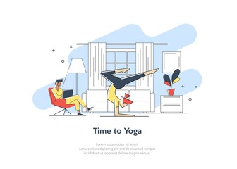 Fototapeta na wymiar Young woman doing yoga and get calm in office and find new ideas for work. Finding solutions through meditation. Light bulb. Relax, meditation, good time management concept. Flat vector illustration