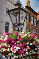 Flowers, lampost and traditional Dutch facades in the background