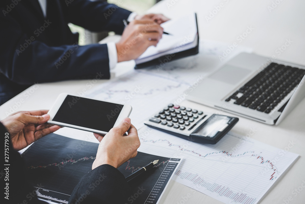 Poster business team investment working with computer and analysis graph stock market trading with stock ch