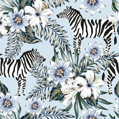 Tropische zebra, palmbladeren, hibiscus, passiebloemen boeketten, lichtblauwe achtergrond. Vector naadloos patroon. Grafische illustratie. Exotische jungle. Zomer strand bloemmotief. Paradijs natuur