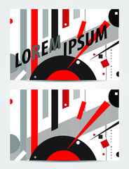 Obraz premium Abstract vector geometric pattern. Example message, red and black triangles, circles and rectangles, lines and points isolated on white background. Vector template for banners and posters of modern de
