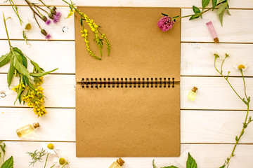 Background for creativity, top view. Brown paper notebook   with place for text on the background of a wooden light table, near the twigs of medicinal plants, wild flowers, chamomile, clover, raspberr