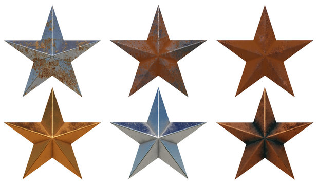 Six different realistic metal stars isolated on white background 3D rendering