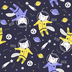 Naklejka premium Seamless pattern with cute fox astronaut, planets, stars and comets. Space Background for Kids. Vector