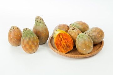 Prickly pear cactus fruits - Opuntia ficus indica; photo on neutral background