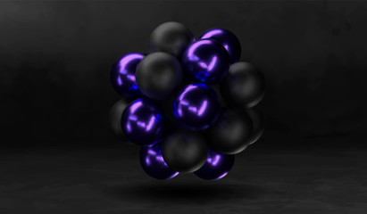 3d Vector molecule or atom abstract design background. Blue black sheres banner. Vector illustration of balls textured with shine. Jewelry blue cover concept. Black banner. Science element for design