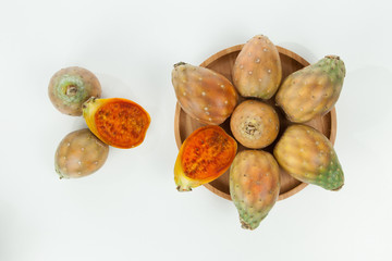 Prickly pear cactus fruits - Opuntia ficus indica; photo on neutral background