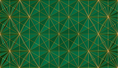 Abstract green three-dimensional background of a set of triangular elements of parametric variable height and shape with metallic shiny edges. 3D illustration 3D rendering