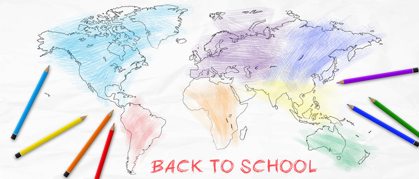 Back to school. Pencil-painted world map. Vector illustration.