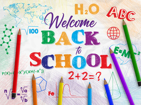 Back to school banner. Crumpled white sheet of paper with drawings with colored pencils. Vector illustration.