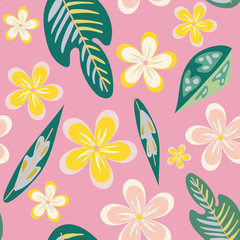 Seamless pattern of hand drawn plumeria tropical flowers and leaves on a pink background.