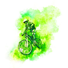 Fototapeta na wymiar Black pencil drawing of a cyclist on a downhill Bicycle on a green background.