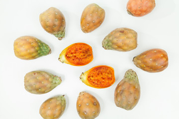 Prickly pear cactus fruits - Opuntia ficus indica; photo on neutral background