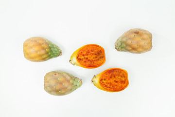 Prickly pear cactus fruits - Opuntia ficus indica; photo on neutral background
