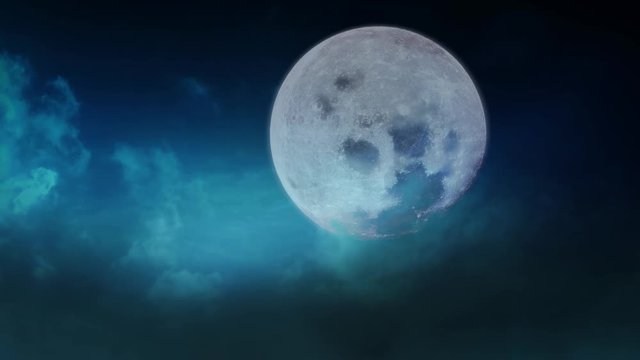 Howling Full Moon with Rolling Fog 4K Loop features a full moon hanging in the sky with moving clouds and rolling fog in a loop