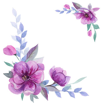 Beautiful watercolor composition with hand drawn purple flowers. Can be used for invitation, greeting card, wedding, birthday cards