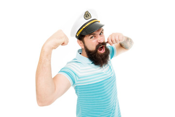 Lord of the seas. Travel concept. Summer vacation. Hipster beard mustache sailor hat. Captain cruise liner. Brutal seaman isolated on white. Captain concept. Bearded man captain of ship. Sea cruise