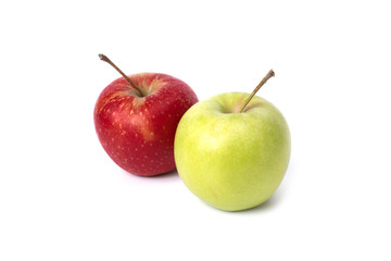 Red and green apple on a white background. Green and red apples juicy on an isolated background. A group of two apples on a white background.