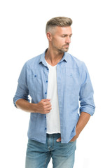 Denim trend. Feeling casual and comfortable. Menswear and fashionable clothing. Man looks handsome...