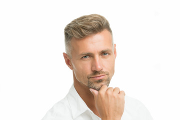 Thoughtful face expression. Grizzle hair suits him. Man handsome well groomed facial hair. Barber shop concept. Barber and hairdresser. Man mature good looking model. Silver hair shampoo. Male beauty