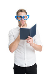 Man with book. Study hard. Self improvement literature. University student with lecture notes....
