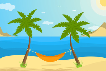 Plakat Vector summer vacation in hammock on the sunny beach with palms and shadow.