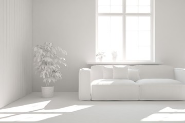 Mock up of stylish room in white color with sofa. Scandinavian interior design. 3D illustration