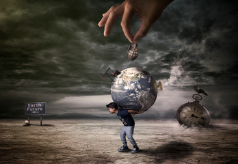 Zdjęcie koncepcyjne, chłopiec niesie ziemię bezpiecznie, odpowiedzialne pokolenie, przyszłość ziemi - 277585795