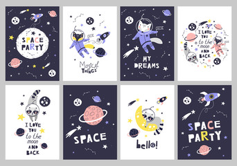 Cute cards with space animals. Can be use for typography posters, cards, flyers, banners, baby wears. Vector © 210484kate