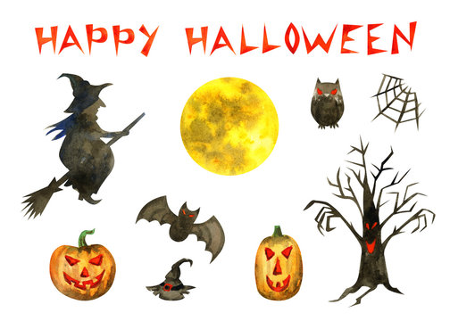 Happy Halloween set on a white background. Watercolor illustration hand drawing.