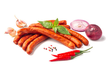 Traditional German Smoked Sausages, close-up, isolated on white background.