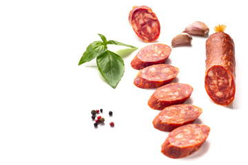 Salami sliced isolated on the white background