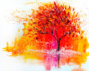 Oil painting landscape, abstract colorful gold tree