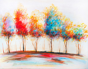 Oil painting landscape, abstract colorful gold trees