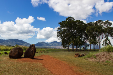 Ancient historical Kukaniloko Birthstones where royal women gave birth to Hawaiian chiefs, located on Oahu, Hawaii