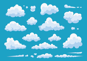 Set of cartoon clouds isolated on blue background. Vector collection white cloud illustration. Blue cloudy sky.
