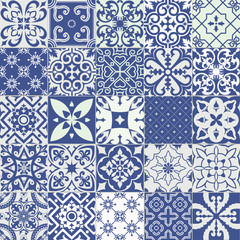 Set of tiles background in portuguese style. Blue and white mosaic pattern. Tiles for ceramic in dutch, portuguese, spanish, italian style.