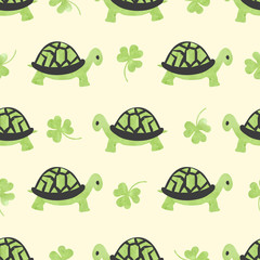 Seamless pattern with cute tortoises and clovers.