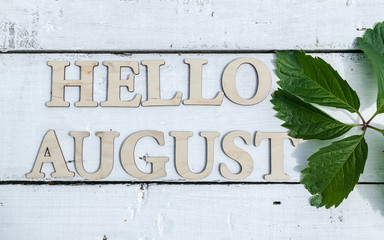 Summer pattern: Word August and green leaves on a white wooden rustic background. Horizontal flat lay