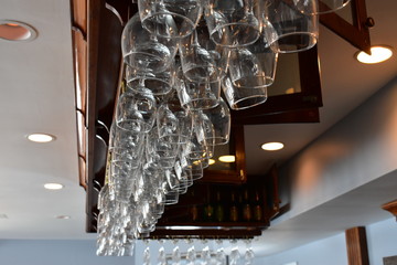 hanging bar glasses in a tavern