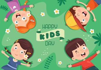 Vector Illustration Of Children Lying On Grass