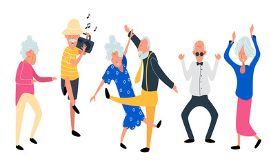 Dancing old people. Happy Aged women and men on the party. Laughing grandfather with recorder player  and music. Funky flat cartoon style. Vector illustration.  - obrazy, fototapety, plakaty