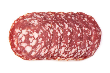 Smoked Salami Sausage, Traditional dry-cured meat, top view, isolated on white background