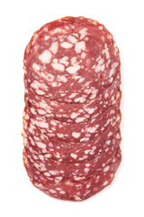 Salami smoked sausage, Traditional dry-cured Milano salami, top view, isolated on white background