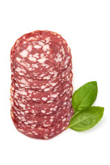 Sliced Dried sausage or salami, smoked meat, top view, isolated on white background